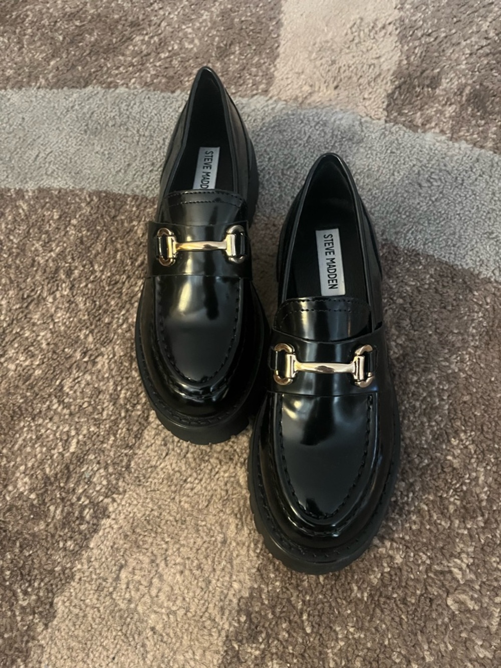 Steve Madden Black Patent Loafers with Gold Hardware